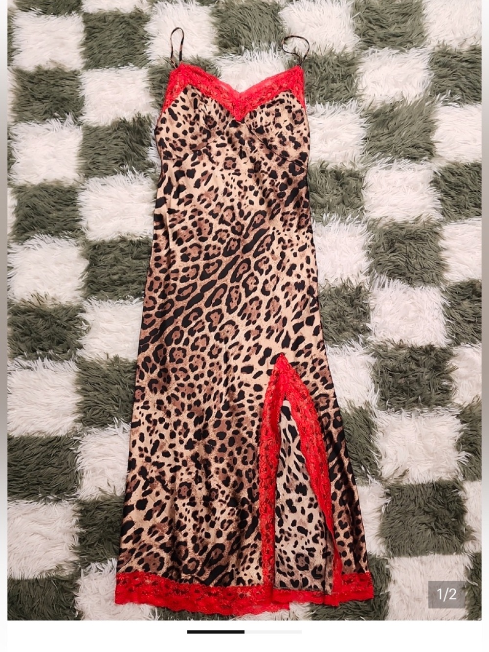 ISO (not for sale!): Dressed in LaLa Leopard Print Slip Dress with Red Lace Trim